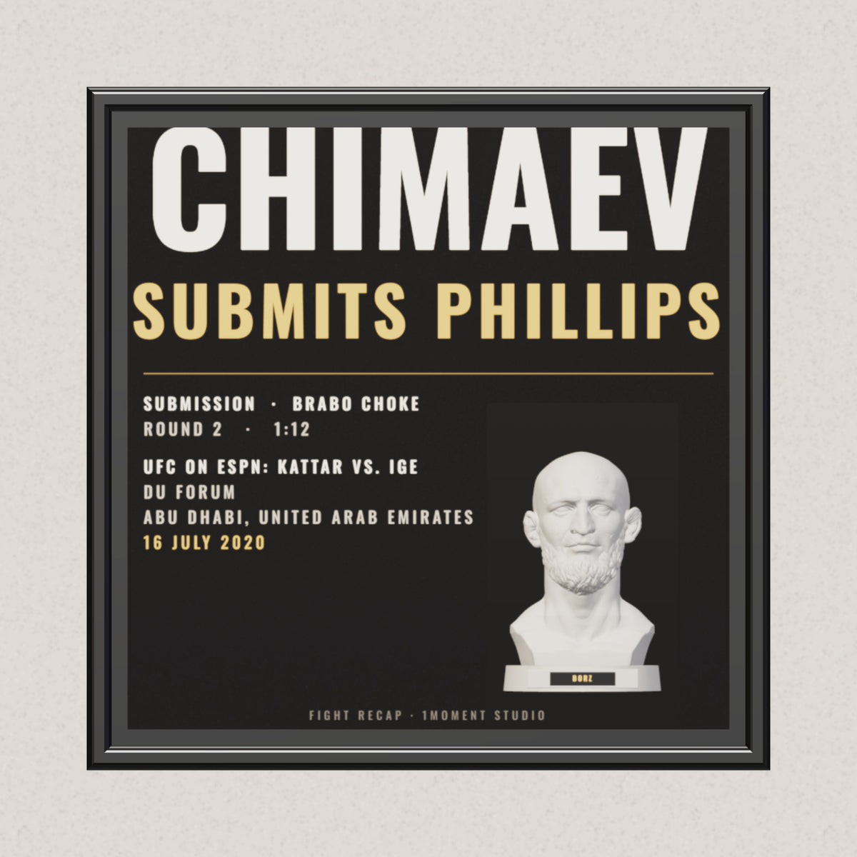 3D render of the 1Moment Studio Fight Night shadow box: Khamzat Chimaev vs John Phillips, UFC on ESPN: Kattar vs. Ige