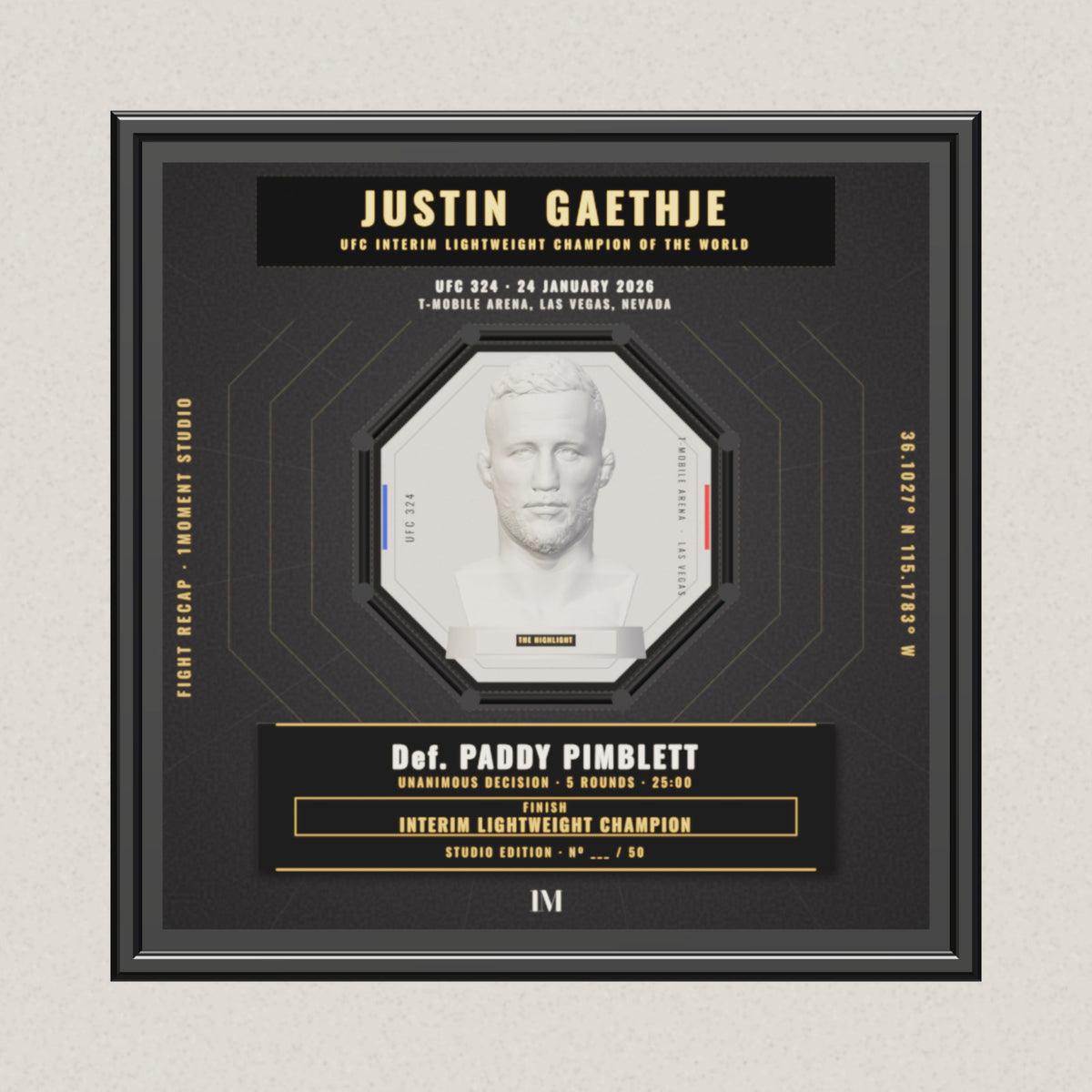 3D render of the 1Moment Studio Championship shadow box: Justin Gaethje vs Paddy Pimblett, UFC 324