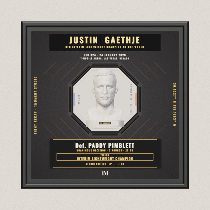 3D render of the 1Moment Studio Championship shadow box: Justin Gaethje vs Paddy Pimblett, UFC 324
