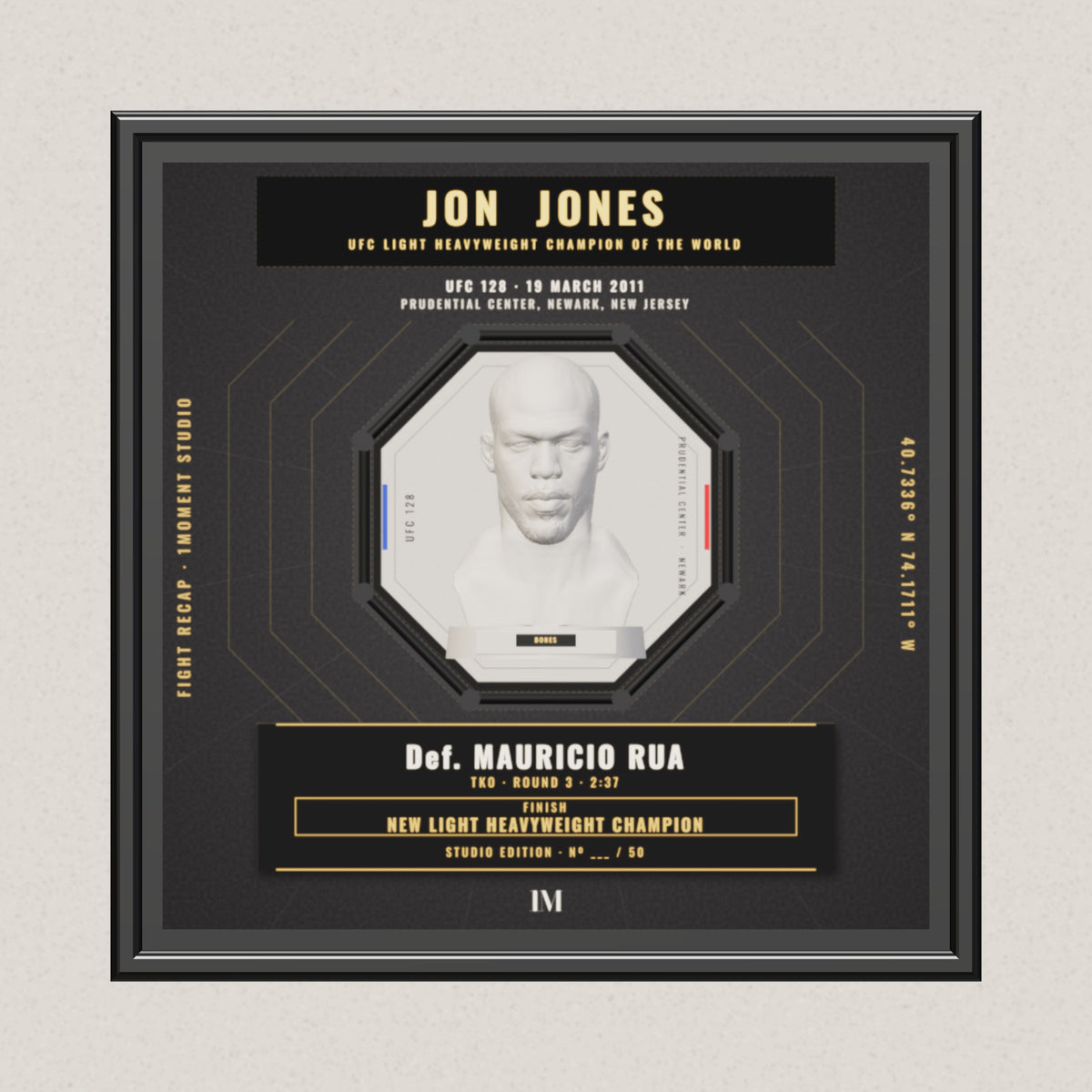 3D render of the 1Moment Studio Championship shadow box: Jon Jones vs Mauricio Rua, UFC 128