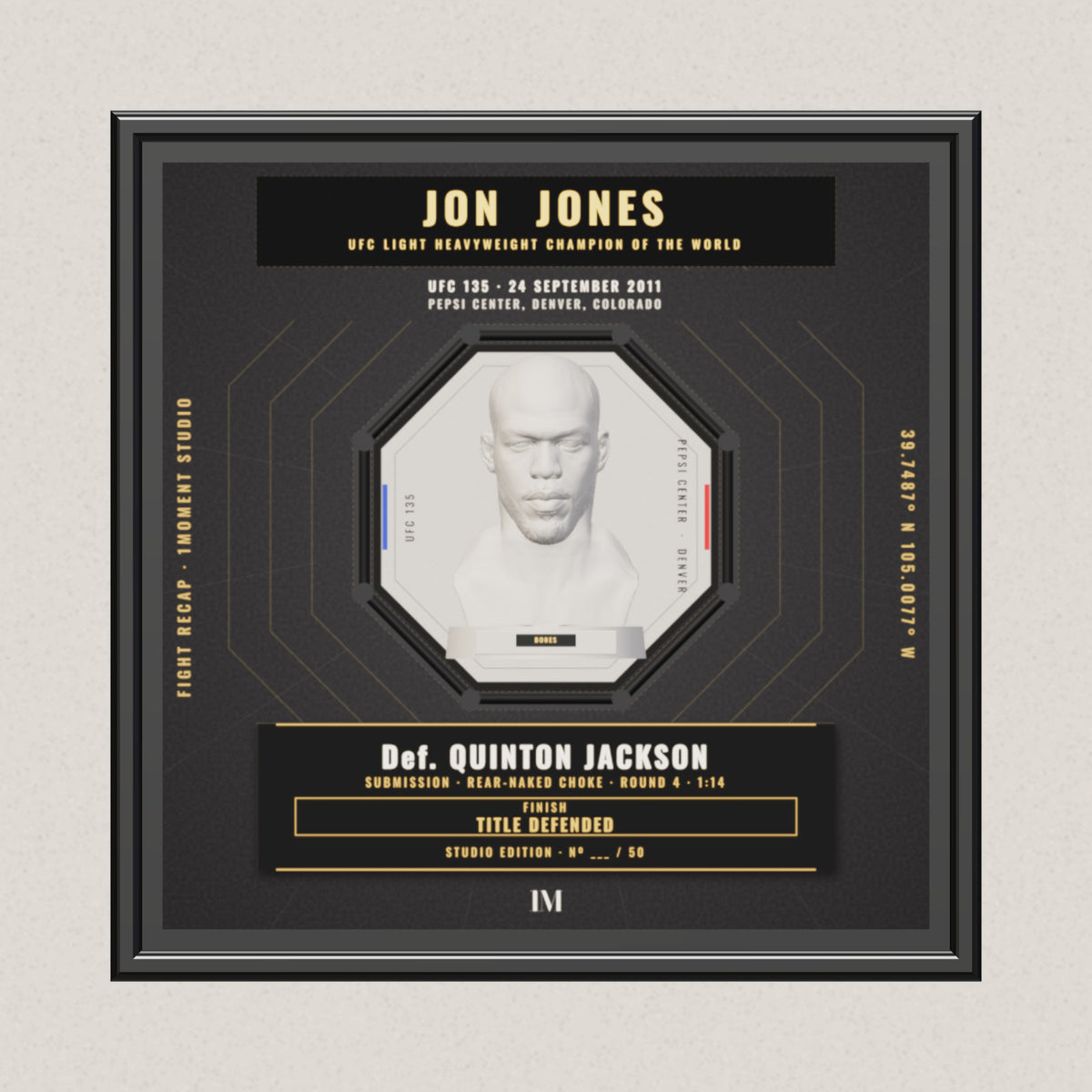 3D render of the 1Moment Studio Championship shadow box: Jon Jones vs Quinton Jackson, UFC 135