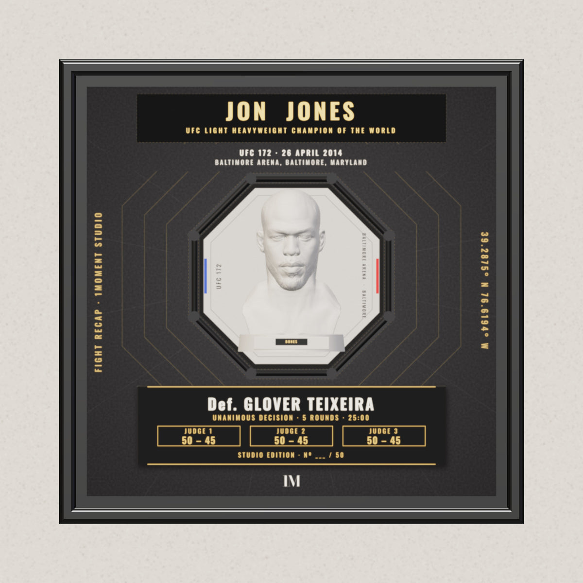 3D render of the 1Moment Studio Championship shadow box: Jon Jones vs Glover Teixeira, UFC 172