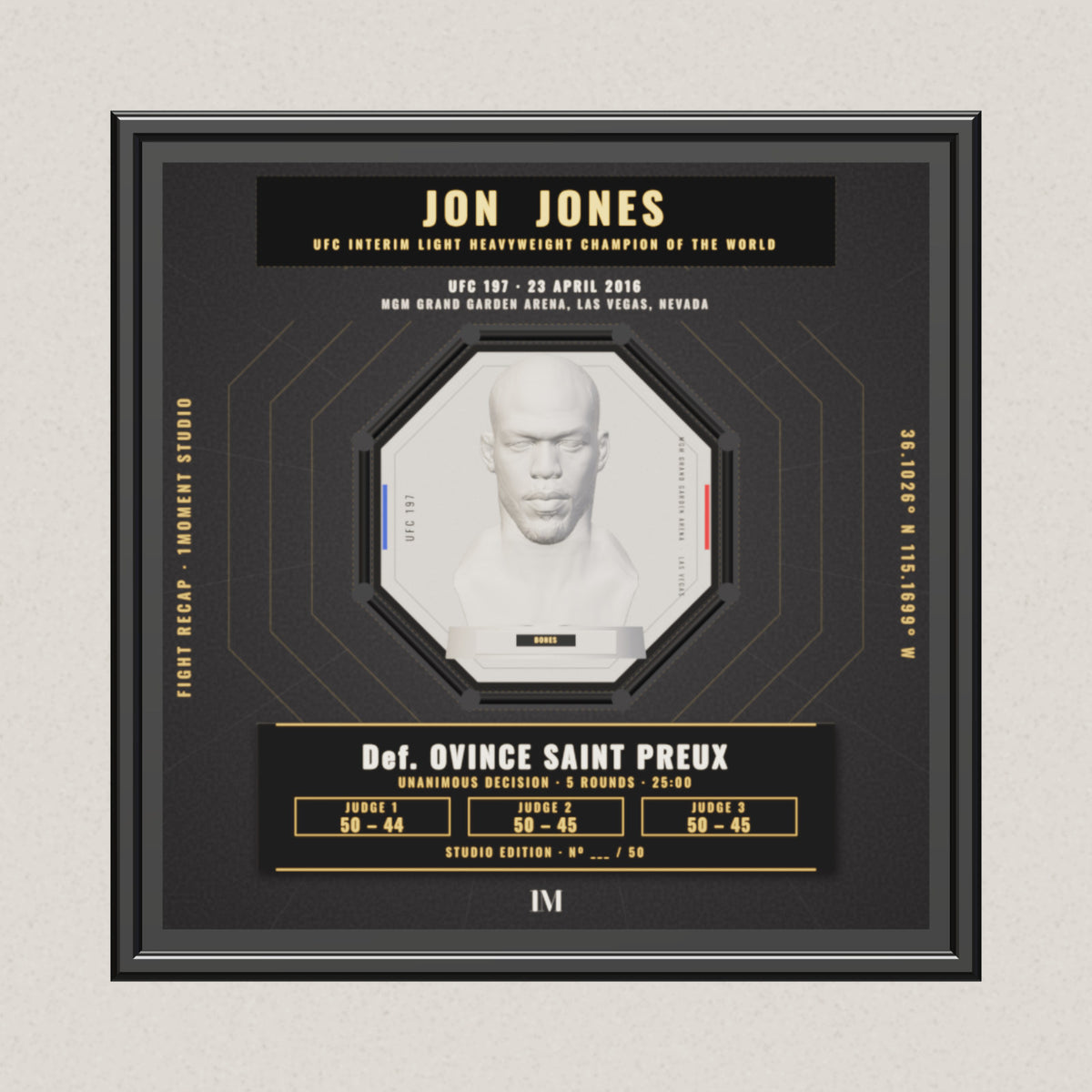 3D render of the 1Moment Studio Championship shadow box: Jon Jones vs Ovince Saint Preux, UFC 197