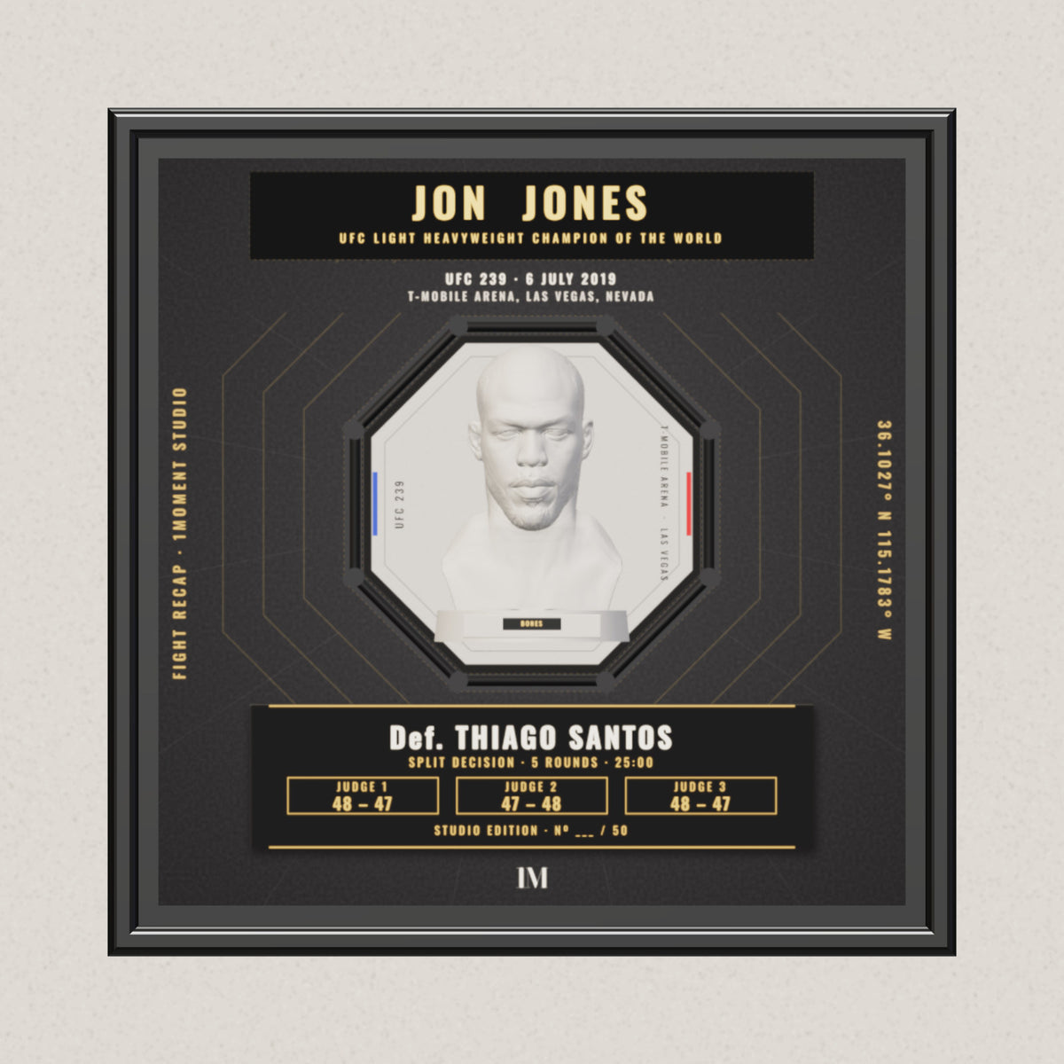 3D render of the 1Moment Studio Championship shadow box: Jon Jones vs Thiago Santos, UFC 239