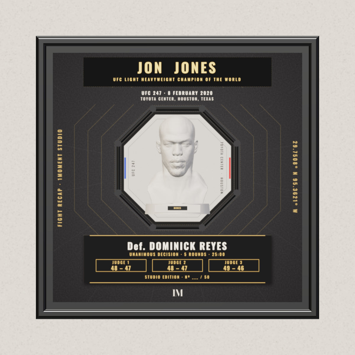 3D render of the 1Moment Studio Championship shadow box: Jon Jones vs Dominick Reyes, UFC 247