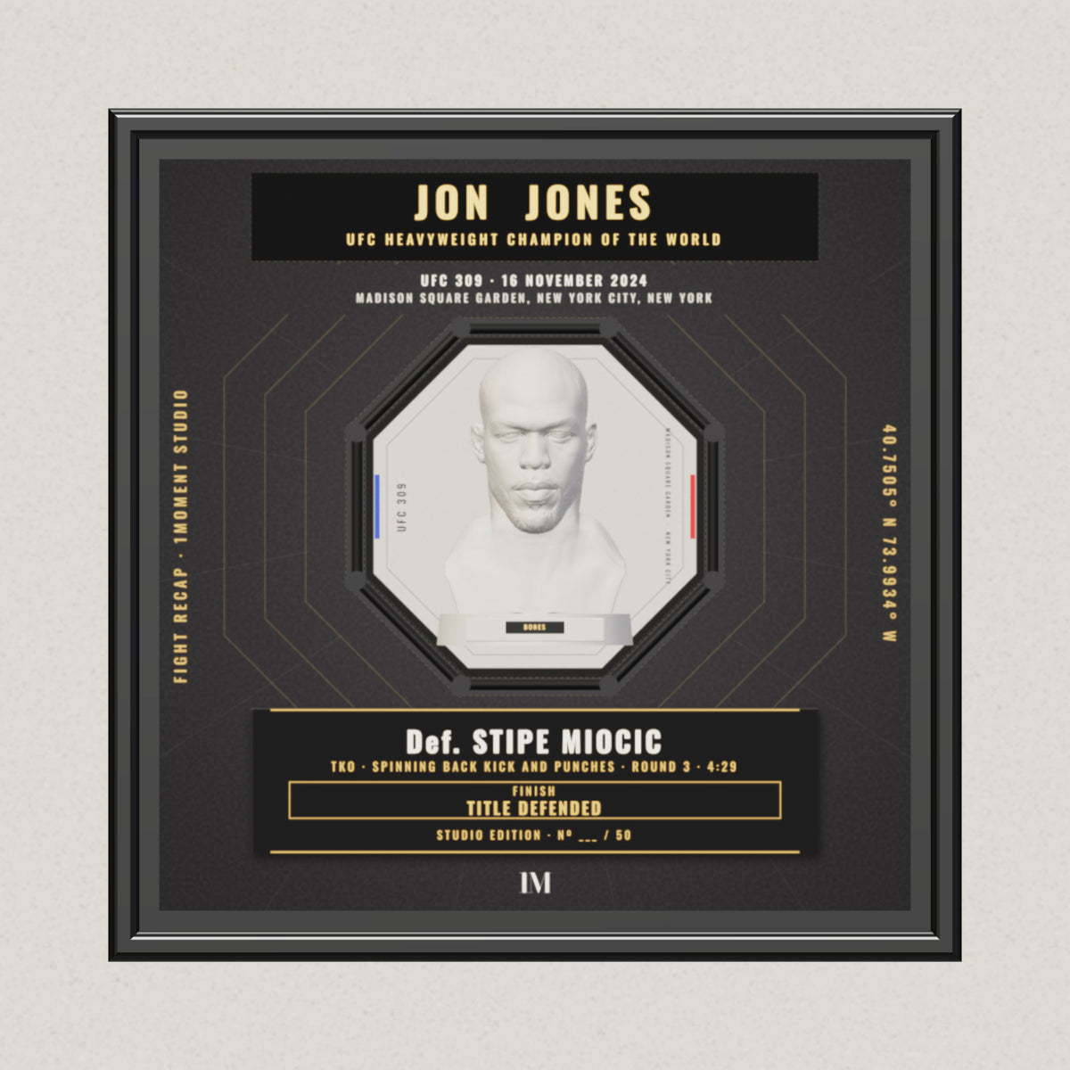 3D render of the 1Moment Studio Championship shadow box: Jon Jones vs Stipe Miocic, UFC 309
