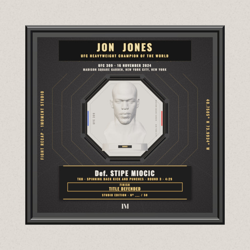 3D render of the 1Moment Studio Championship shadow box: Jon Jones vs Stipe Miocic, UFC 309
