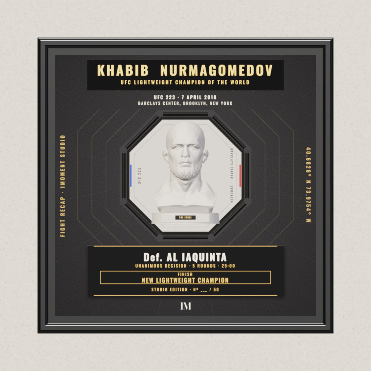 3D render of the 1Moment Studio Championship shadow box: Khabib Nurmagomedov vs Al Iaquinta, UFC 223