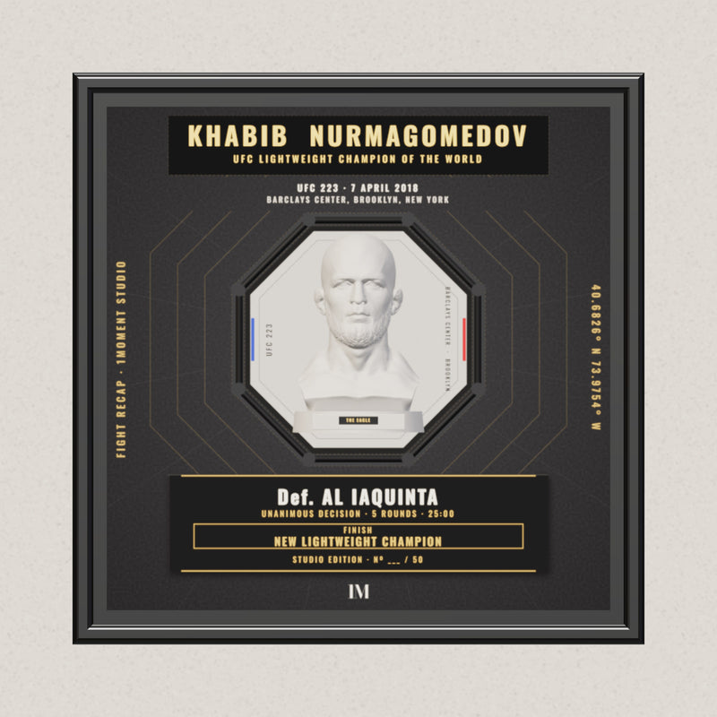 3D render of the 1Moment Studio Championship shadow box: Khabib Nurmagomedov vs Al Iaquinta, UFC 223