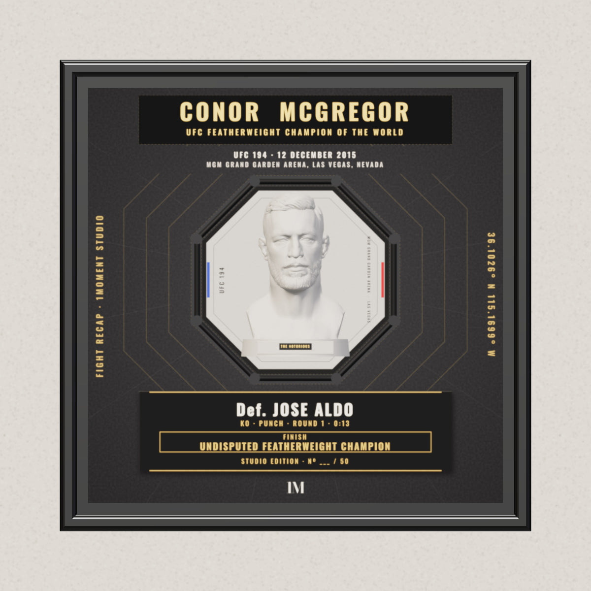 3D render of the 1Moment Studio Championship shadow box: Conor McGregor vs Jose Aldo, UFC 194