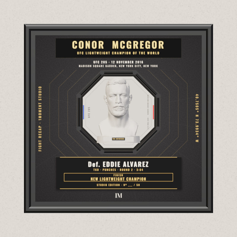 3D render of the 1Moment Studio Championship shadow box: Conor McGregor vs Eddie Alvarez, UFC 205