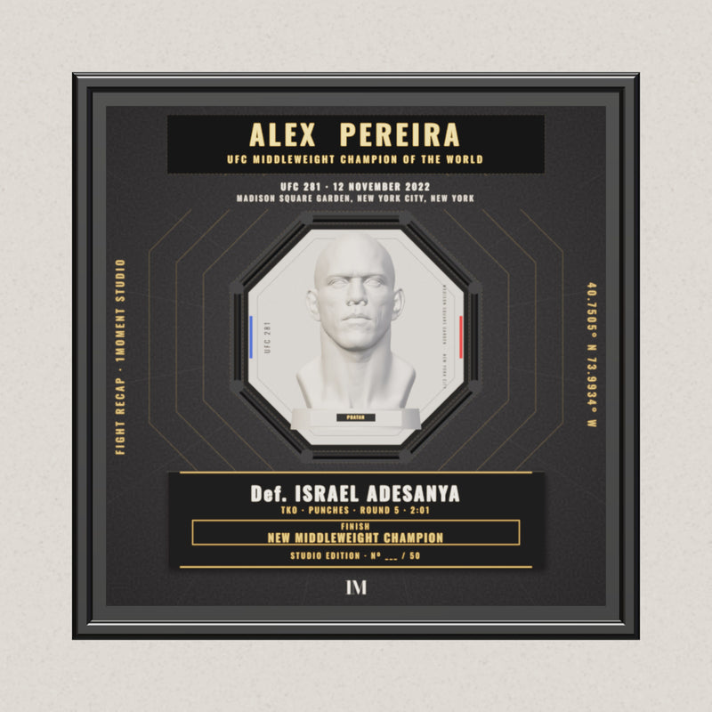 3D render of the 1Moment Studio Championship shadow box: Alex Pereira vs Israel Adesanya, UFC 281