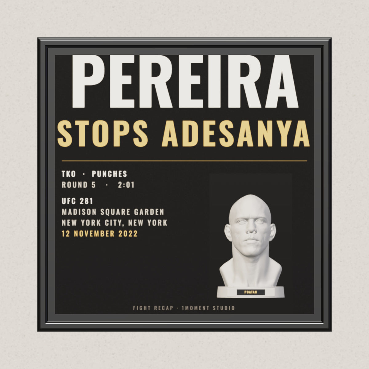3D render of the 1Moment Studio Fight Night shadow box: Alex Pereira vs Israel Adesanya, UFC 281
