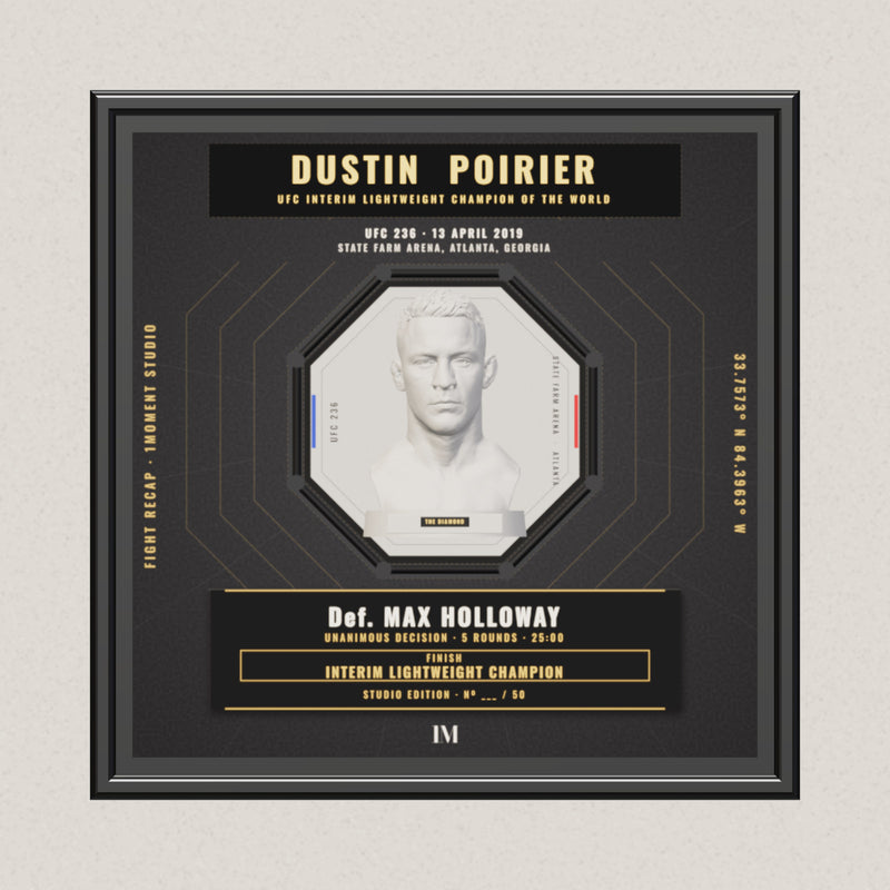 3D render of the 1Moment Studio Championship shadow box: Dustin Poirier vs Max Holloway, UFC 236