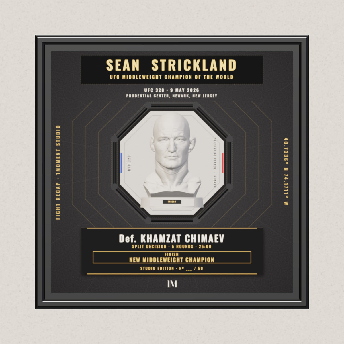 3D render of the 1Moment Studio Championship shadow box: Sean Strickland vs Khamzat Chimaev, UFC 328