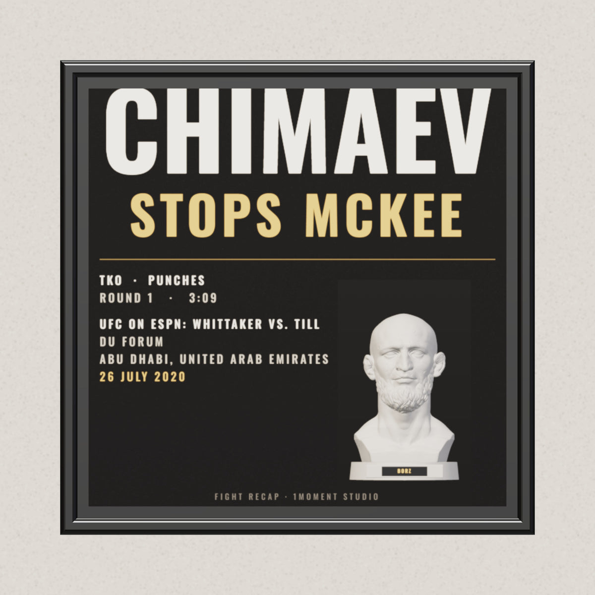 3D render of the 1Moment Studio Fight Night shadow box: Khamzat Chimaev vs Rhys McKee, UFC on ESPN: Whittaker vs. Till