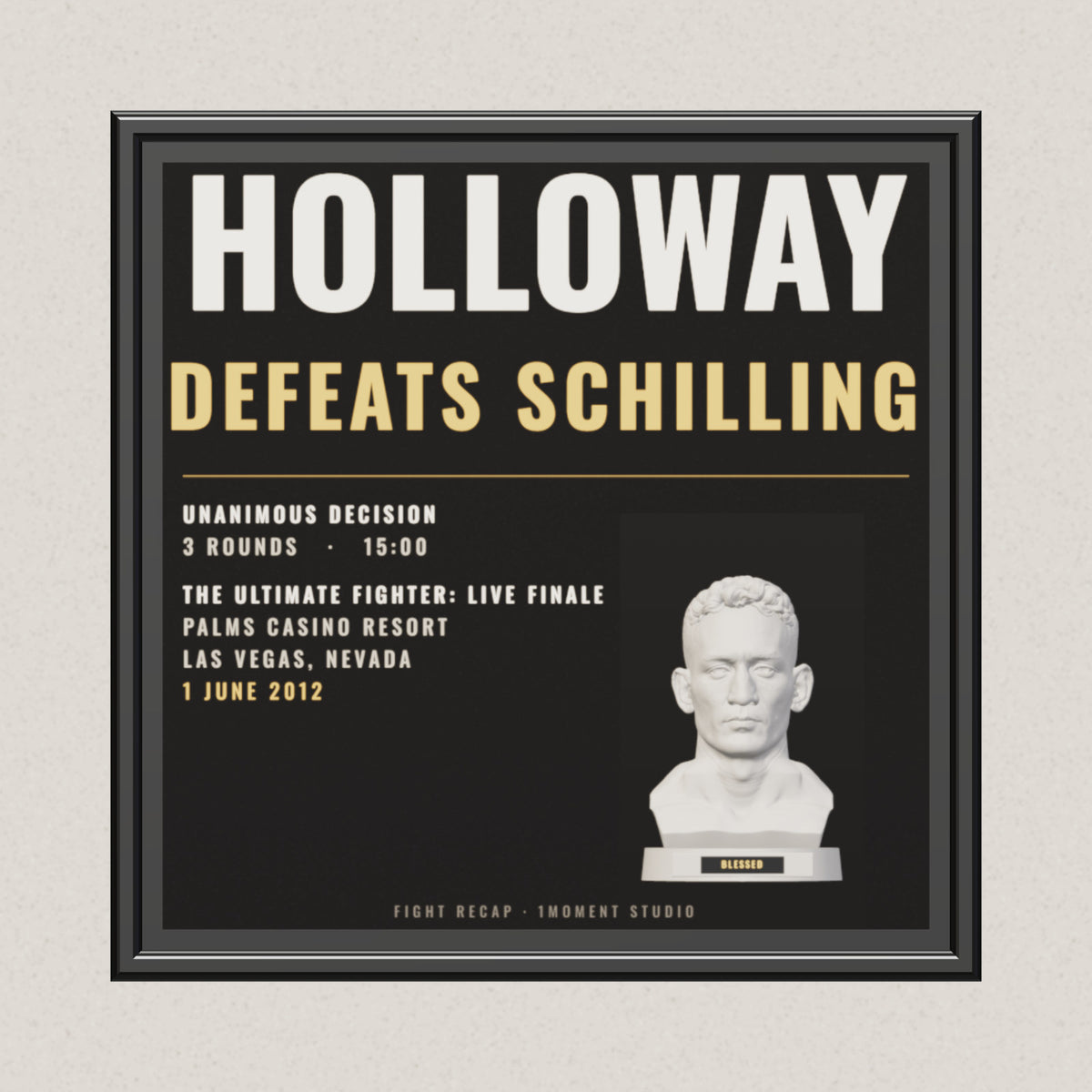 3D render of the 1Moment Studio Fight Night shadow box: Max Holloway vs Pat Schilling, The Ultimate Fighter: Live Finale
