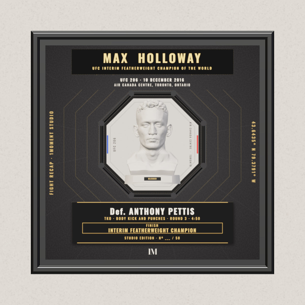 3D render of the 1Moment Studio Championship shadow box: Max Holloway vs Anthony Pettis, UFC 206