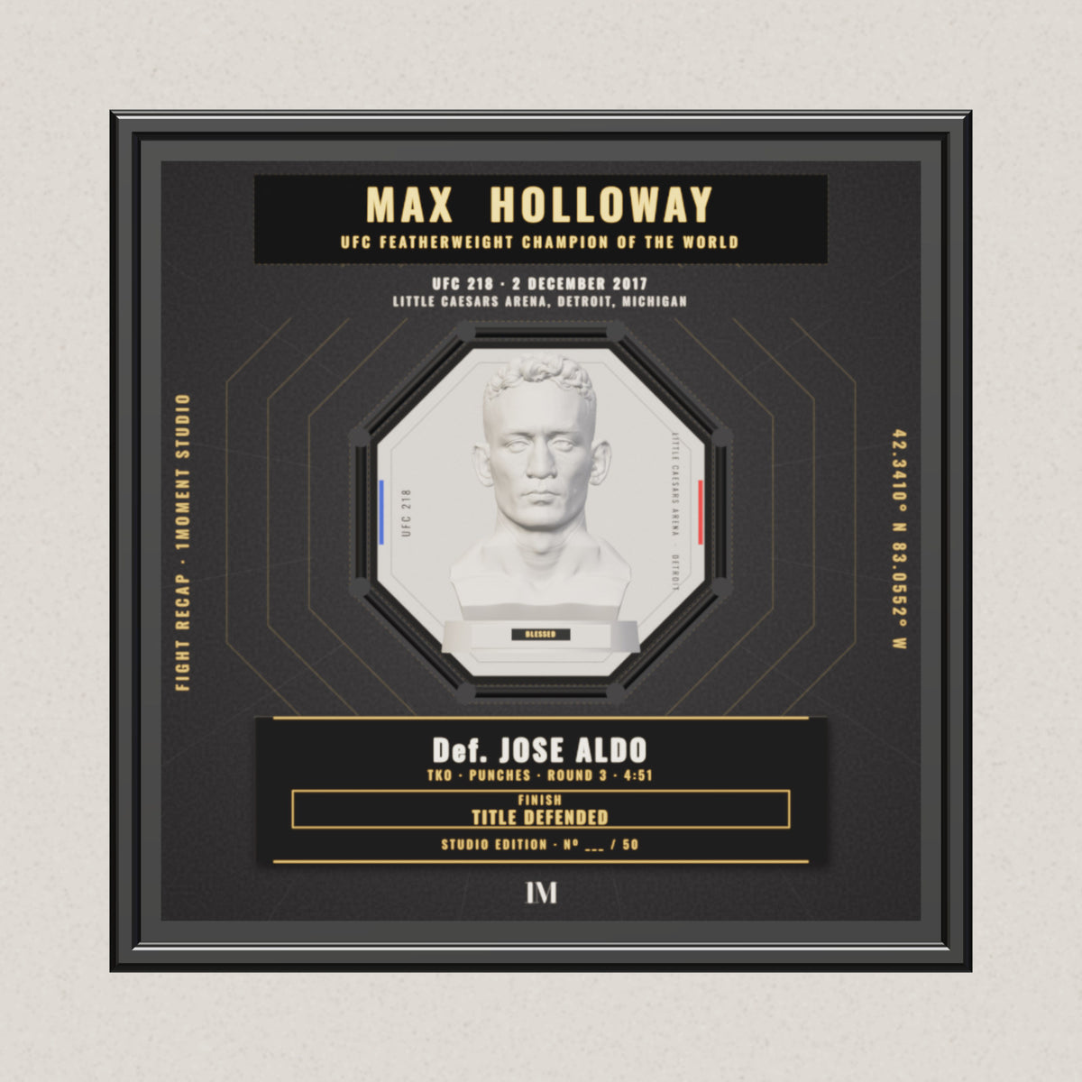 3D render of the 1Moment Studio Championship shadow box: Max Holloway vs Jose Aldo, UFC 218