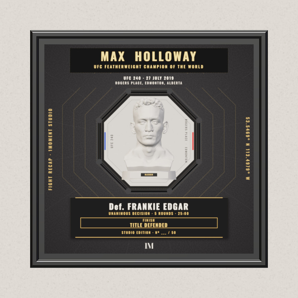 3D render of the 1Moment Studio Championship shadow box: Max Holloway vs Frankie Edgar, UFC 240
