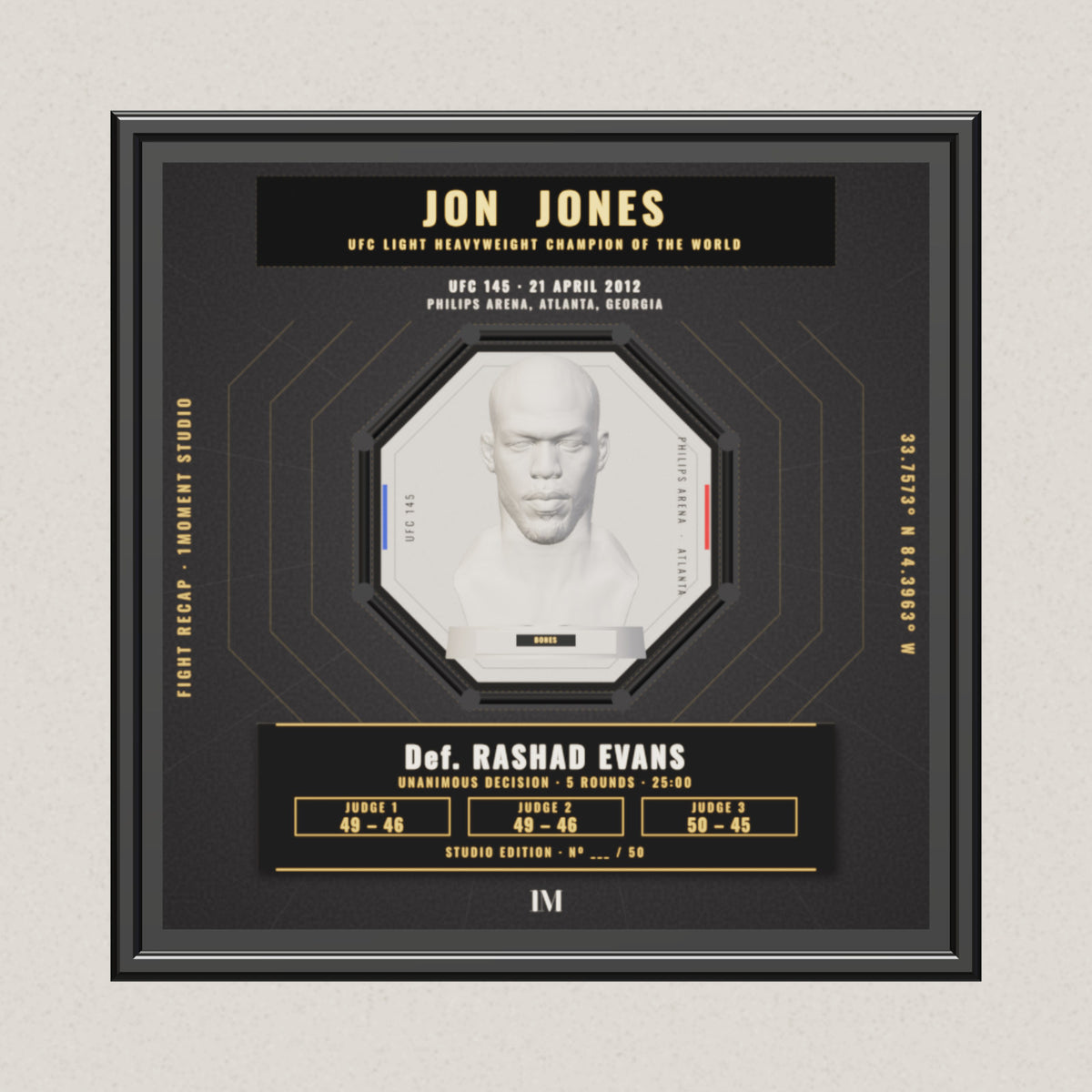 3D render of the 1Moment Studio Championship shadow box: Jon Jones vs Rashad Evans, UFC 145