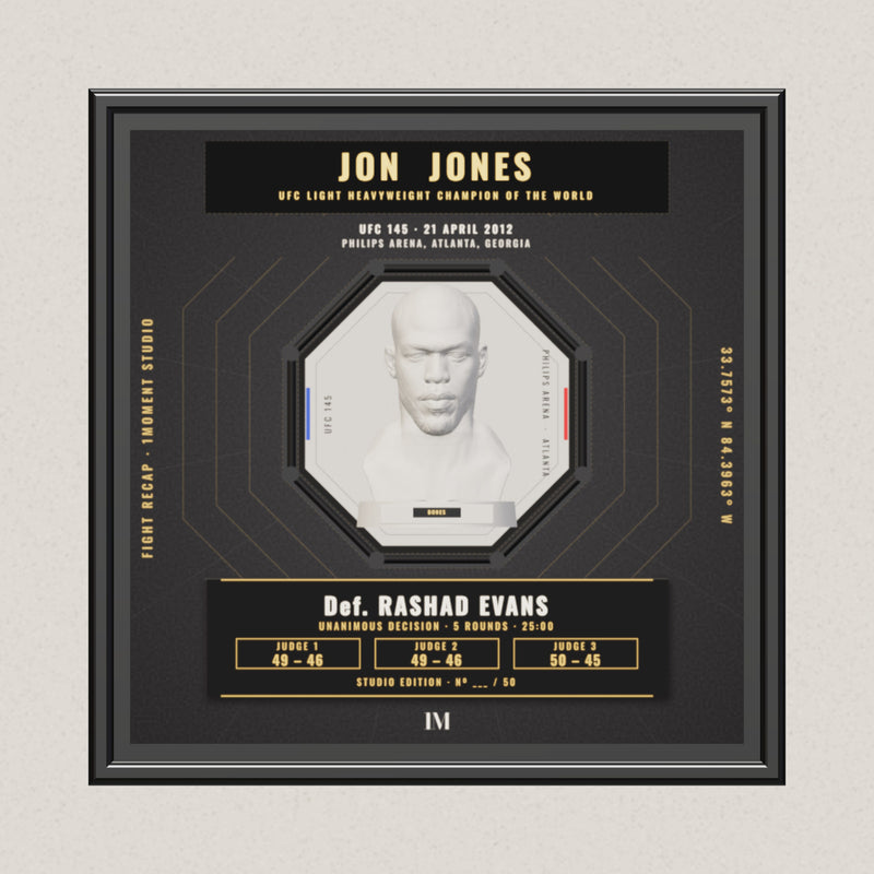 3D render of the 1Moment Studio Championship shadow box: Jon Jones vs Rashad Evans, UFC 145