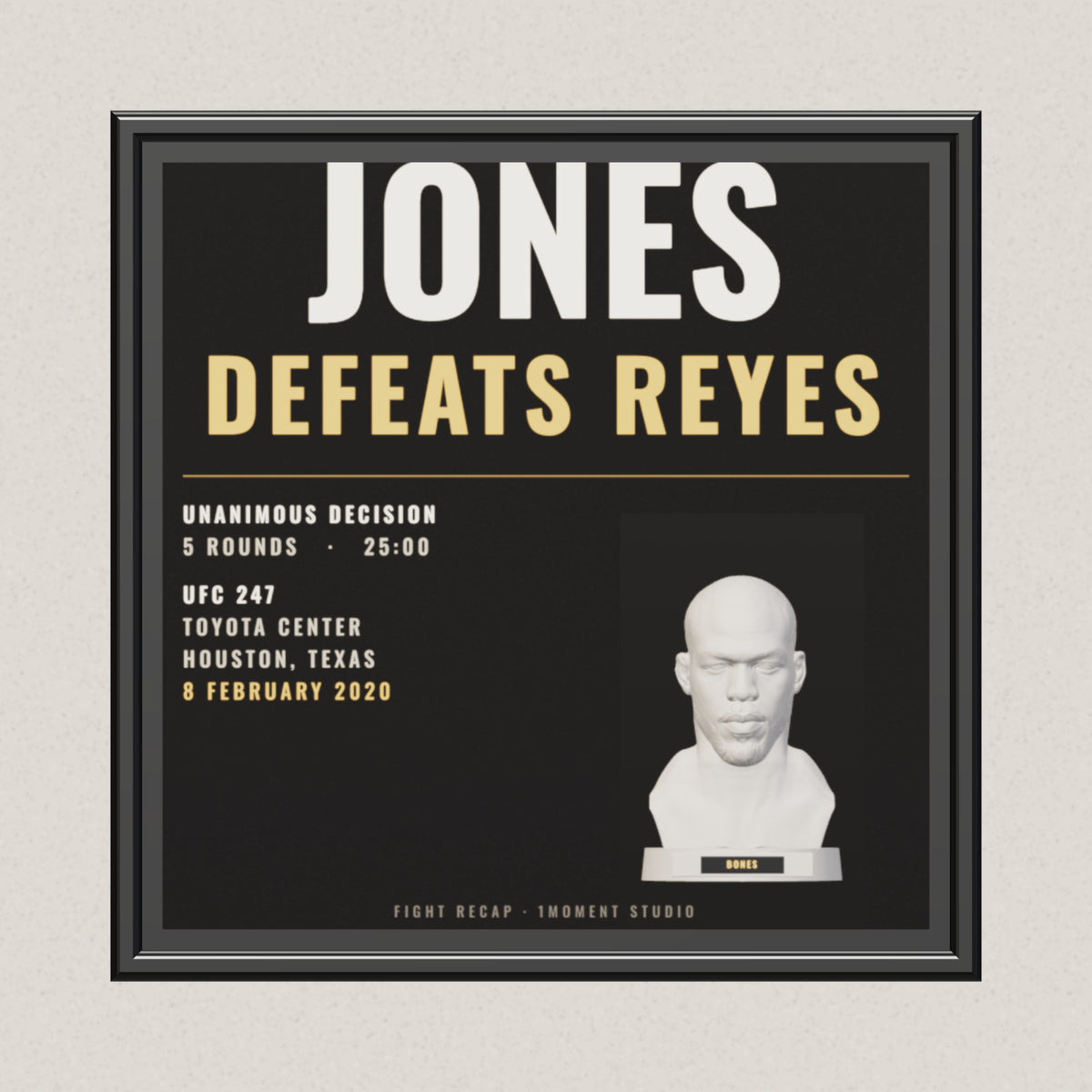 3D render of the 1Moment Studio Fight Night shadow box: Jon Jones vs Dominick Reyes, UFC 247