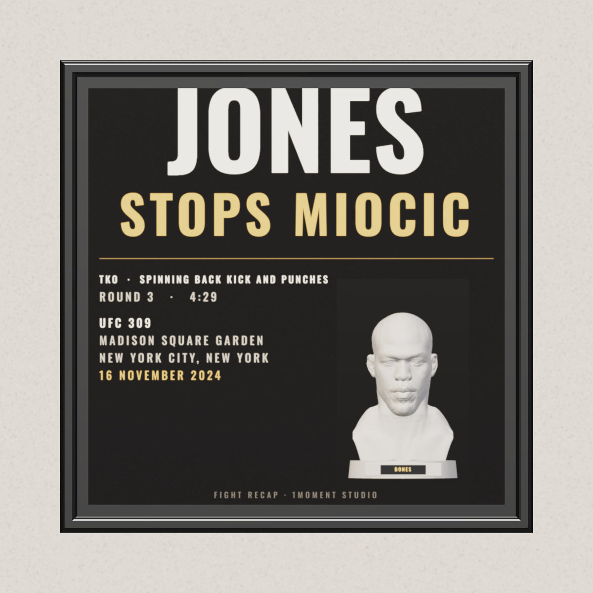 3D render of the 1Moment Studio Fight Night shadow box: Jon Jones vs Stipe Miocic, UFC 309