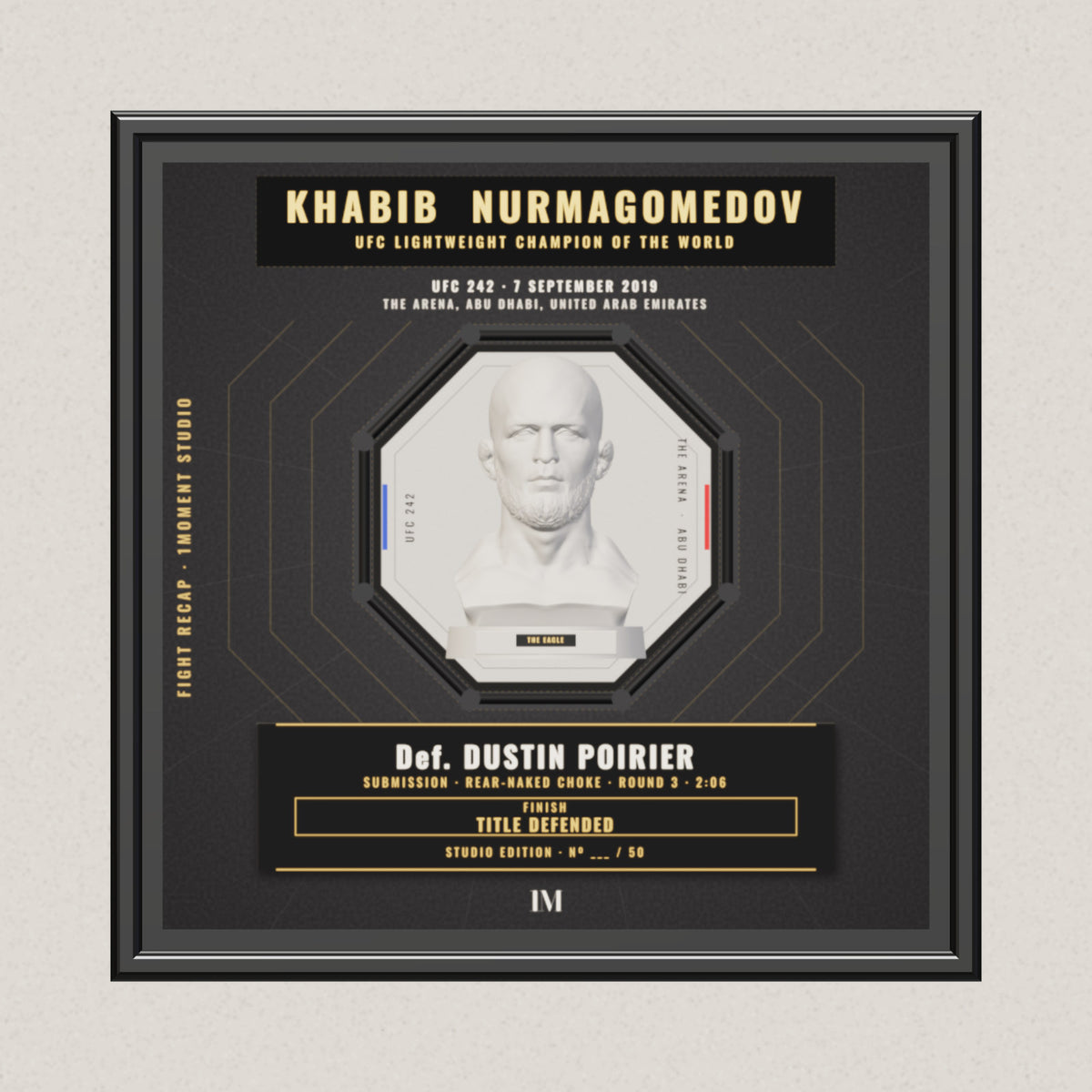 3D render of the 1Moment Studio Championship shadow box: Khabib Nurmagomedov vs Dustin Poirier, UFC 242