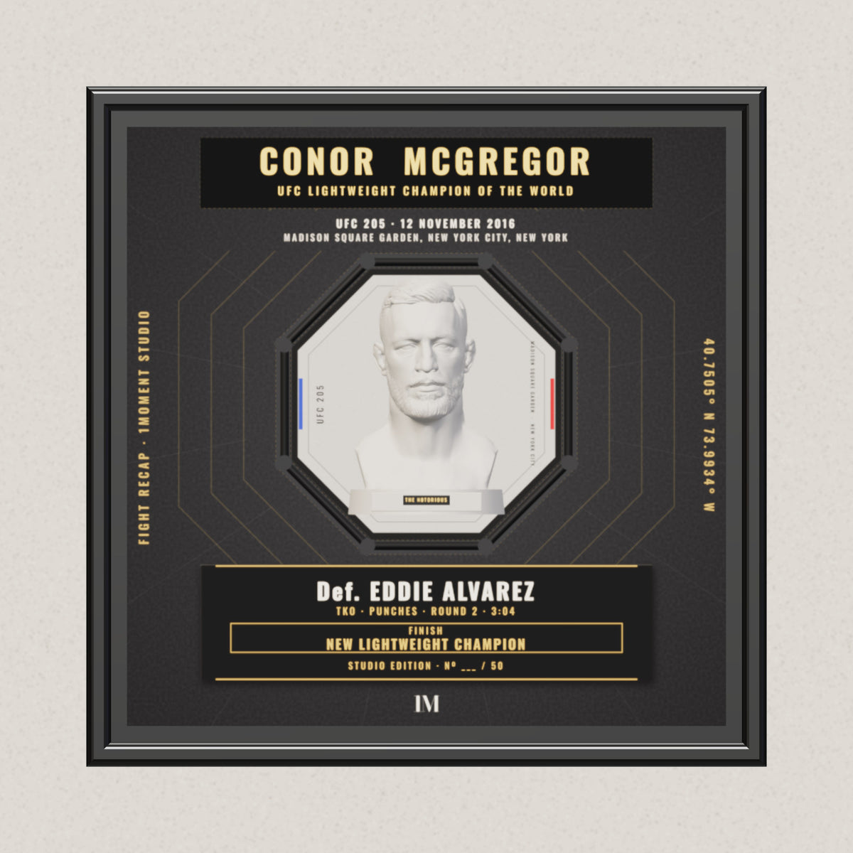 3D render of the 1Moment Studio Championship shadow box: Conor McGregor vs Eddie Alvarez, UFC 205