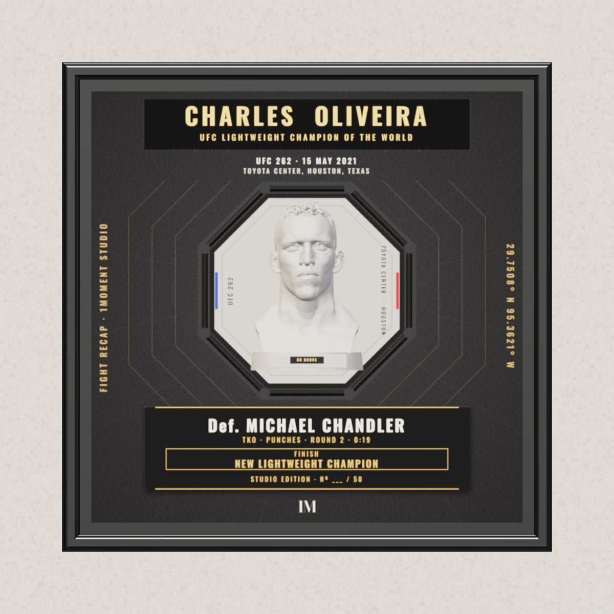 3D render of the 1Moment Studio Championship shadow box: Charles Oliveira vs Michael Chandler, UFC 262