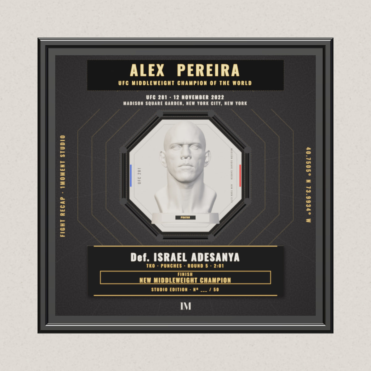 3D render of the 1Moment Studio Championship shadow box: Alex Pereira vs Israel Adesanya, UFC 281