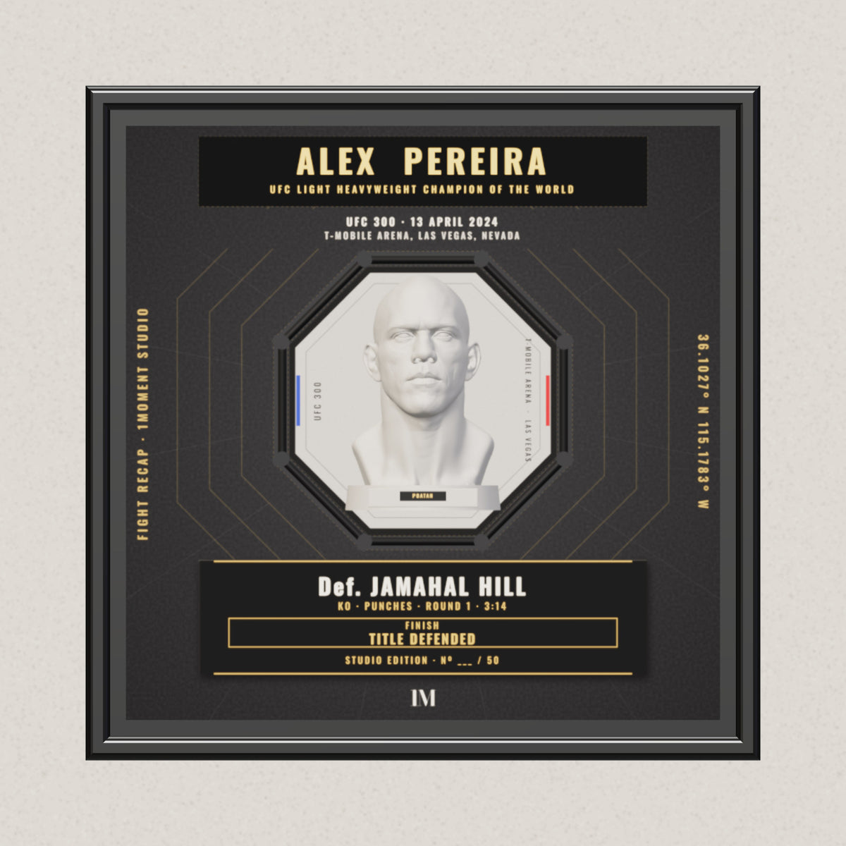 3D render of the 1Moment Studio Championship shadow box: Alex Pereira vs Jamahal Hill, UFC 300