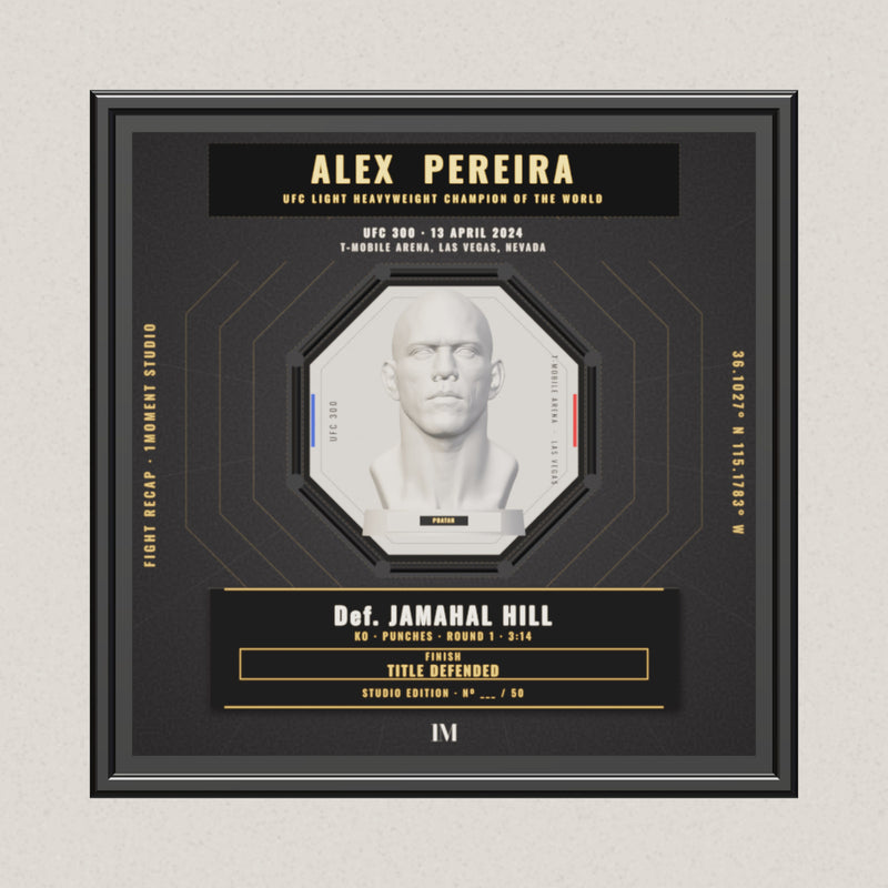 3D render of the 1Moment Studio Championship shadow box: Alex Pereira vs Jamahal Hill, UFC 300