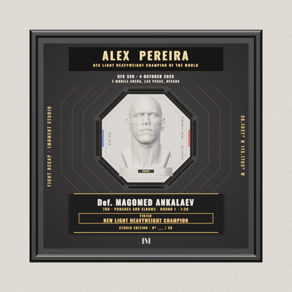 3D render of the 1Moment Studio Championship shadow box: Alex Pereira vs Magomed Ankalaev, UFC 320