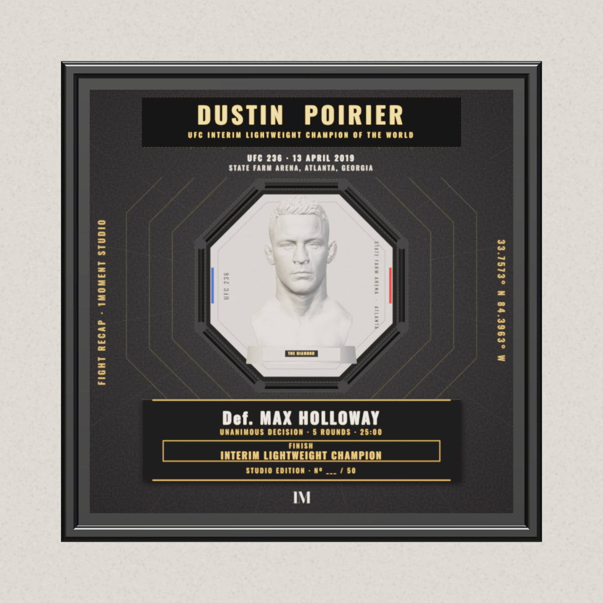3D render of the 1Moment Studio Championship shadow box: Dustin Poirier vs Max Holloway, UFC 236