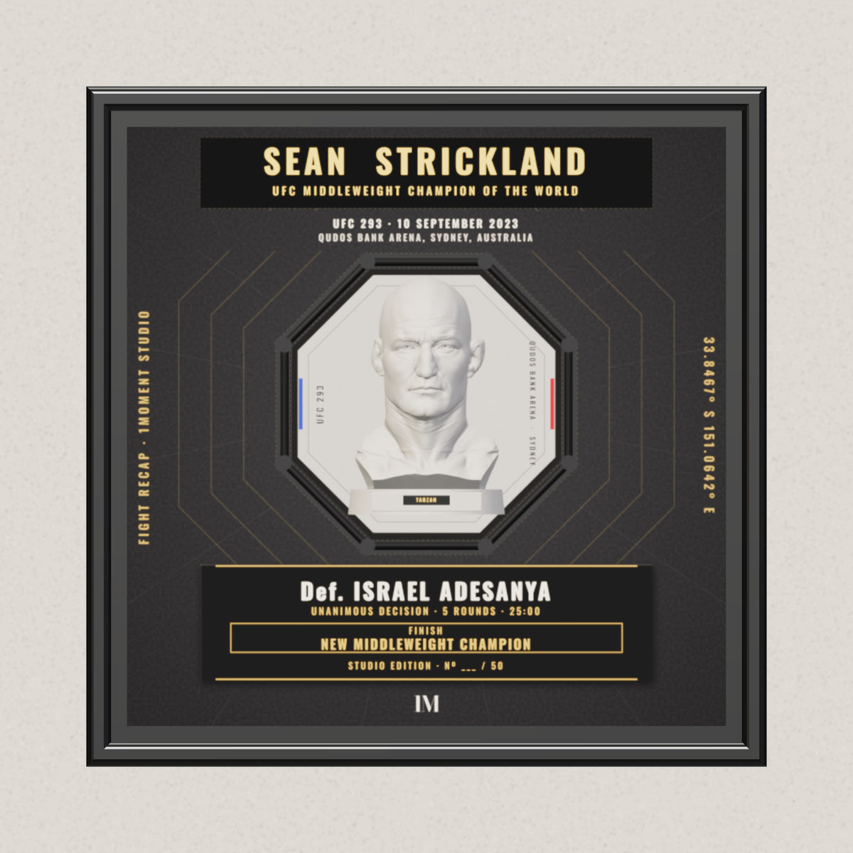 3D render of the 1Moment Studio Championship shadow box: Sean Strickland vs Israel Adesanya, UFC 293