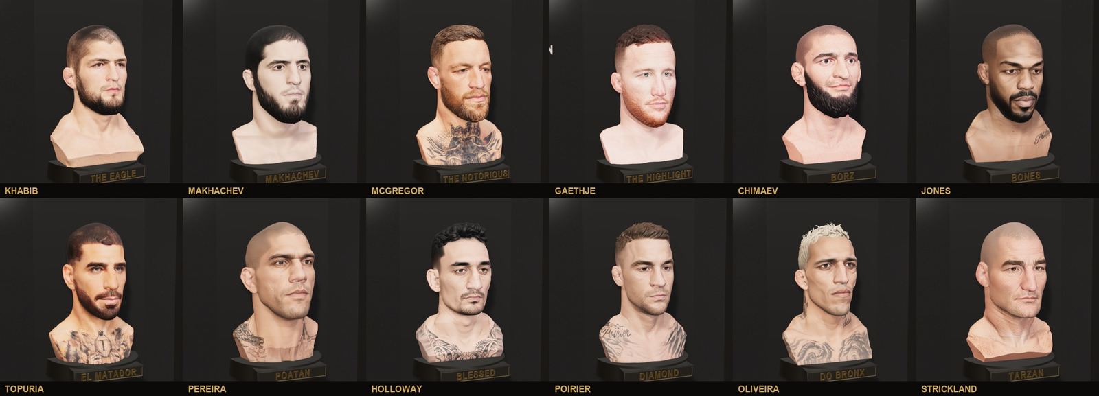 A row of hand-painted busts from the 1Moment Studio MMA collection